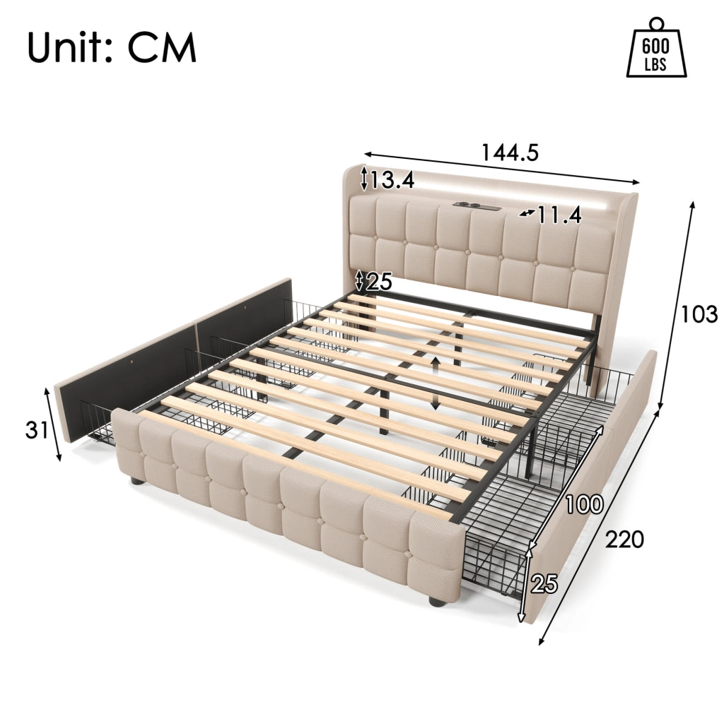 Letto matrimoniale 140x200 cm beige con prese USB; LED e 4 cassetti contenitore