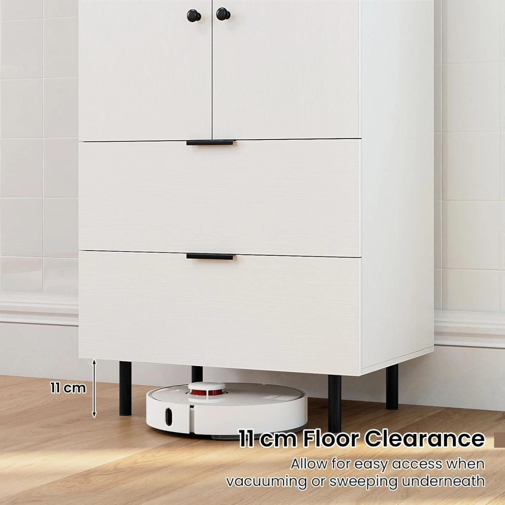Mobiletto di Stoccaggio con 2 Cassetti e Scomparto a Doppie Porte, Tavolino in Stile Industriale con Gambe in Metallo Robuste, Dispositivo Anti-Ribaltamento, Caffè/Bianco