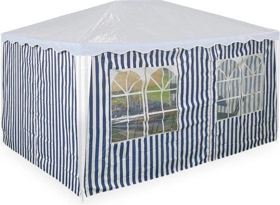 Set di pareti laterali per tenda da giardino 3x4m con finestre, adesivi in klittenband, materiale polyester, colore blu-bianco