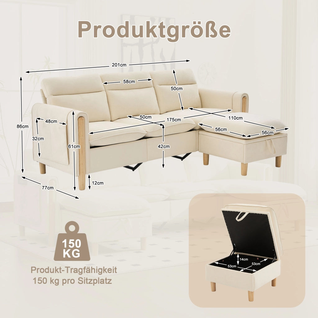 Divano ad angolo modulare in chenille con pouf contenitore e tasche laterali in legno beige per piccoli spazi