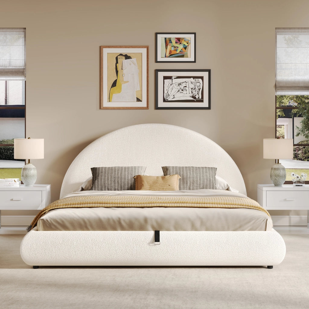 Letto contenitore 180 × 200 cm con sollevamento idraulico e testiera imbottita, senza materasso, bouclé bianco
