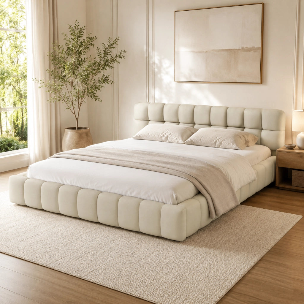 Letto matrimoniale imbottito lino beige 140x200 cm, testiera morbida a pannelli, struttura robusta, design moderno per camera da letto
