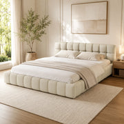 Letto matrimoniale imbottito lino beige 140x200 cm, testiera morbida a pannelli, struttura robusta, design moderno per camera da letto