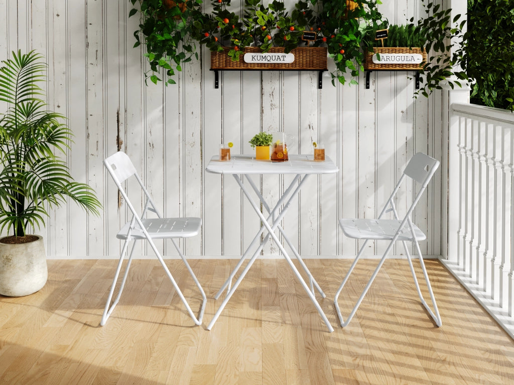 Set Tavolo e Sedie da Giardino con 1 Tavolo Pieghevole e 2 Sedie Pieghevoli; per 2 Persone; Acciaio; Bianco