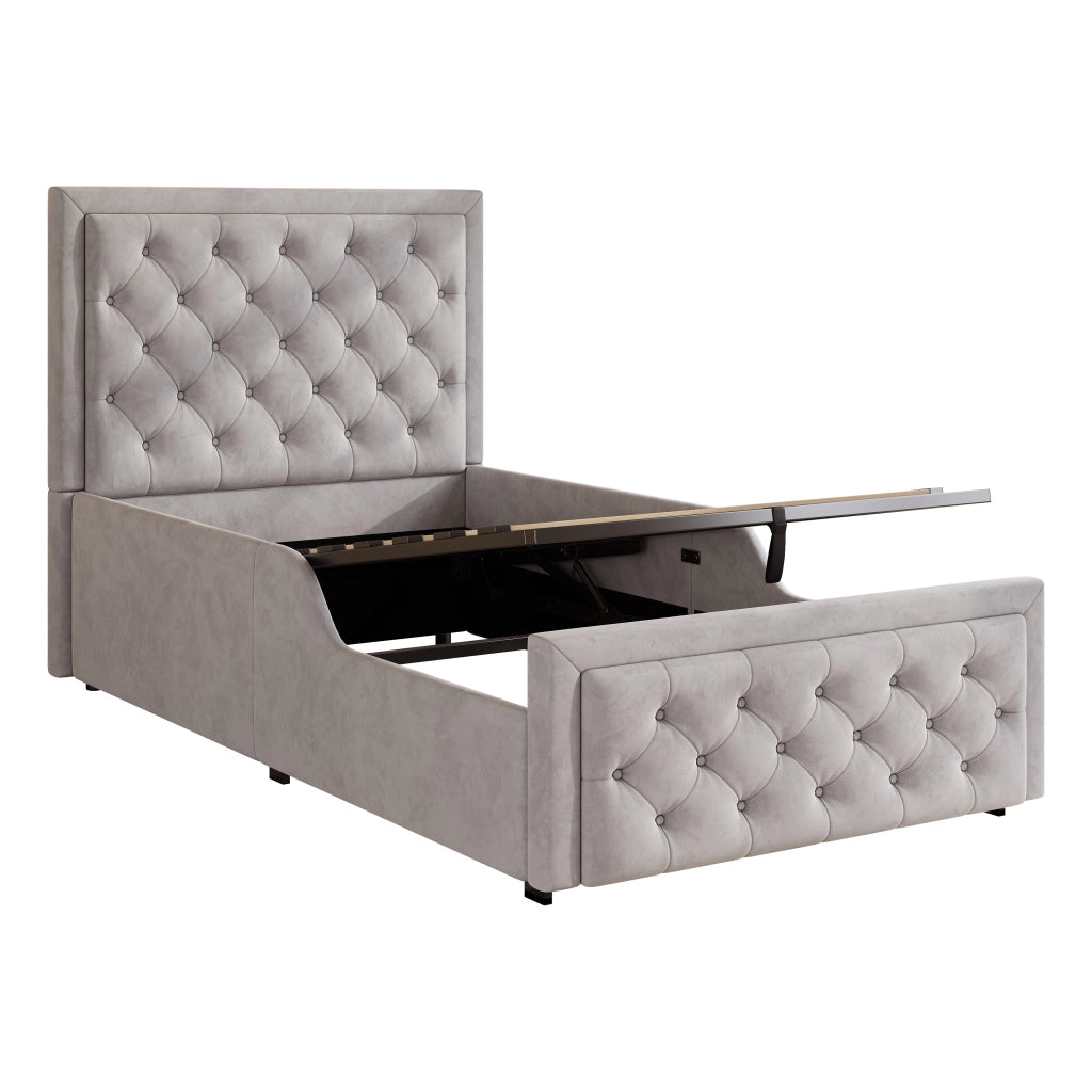 Letto per bambini imbottito 90x200 cm in velluto grigio con contenitore, rete a doghe e testiera trapuntata