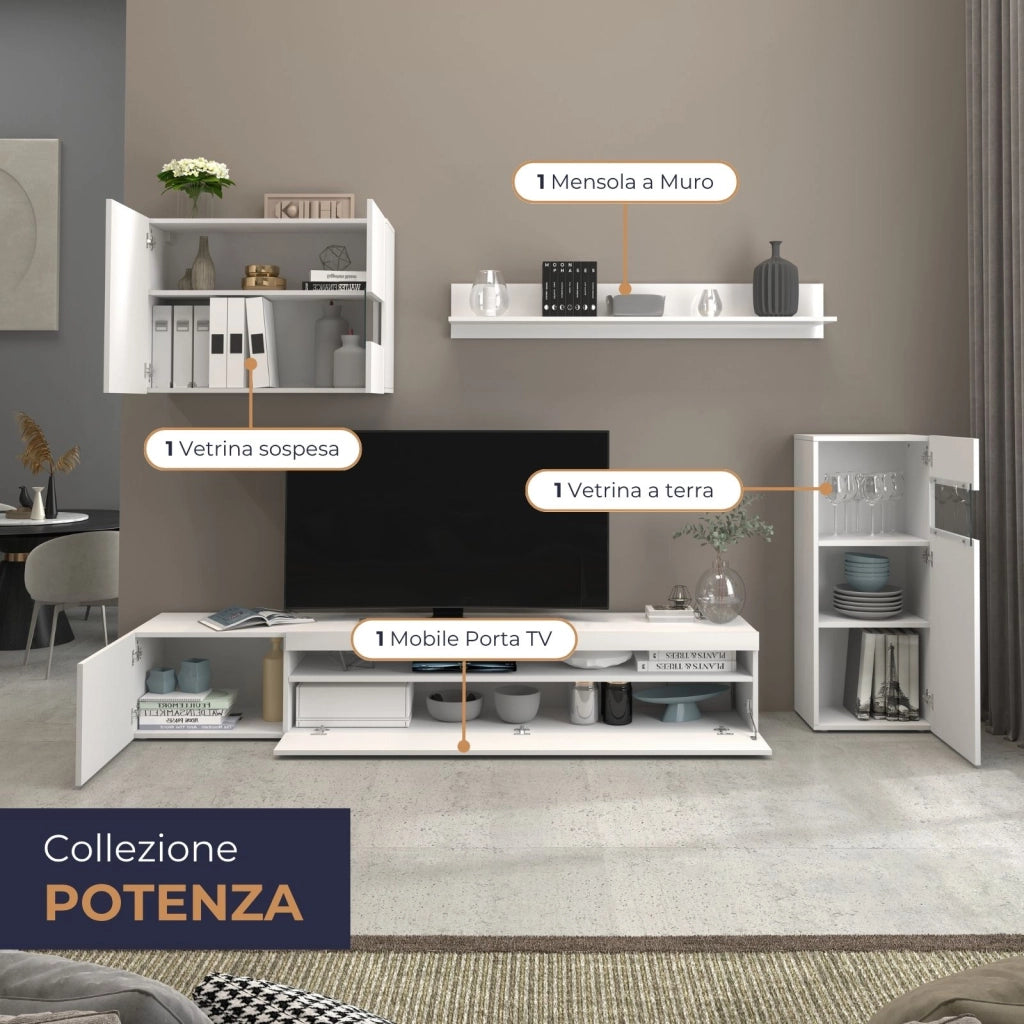 WHOUS Parete attrezzata Potenza set soggiorno bianco lucido 240x40x160 cm