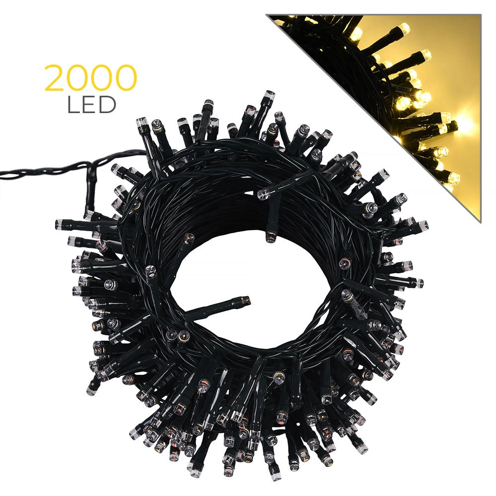 CATENA DI LUCI LED GIALLI LUCE CALDA DA 2000 LED SU 100M DI CAVO VERDE TRASFORMATORE 31V - PER INTERNI ED ESTERNI
