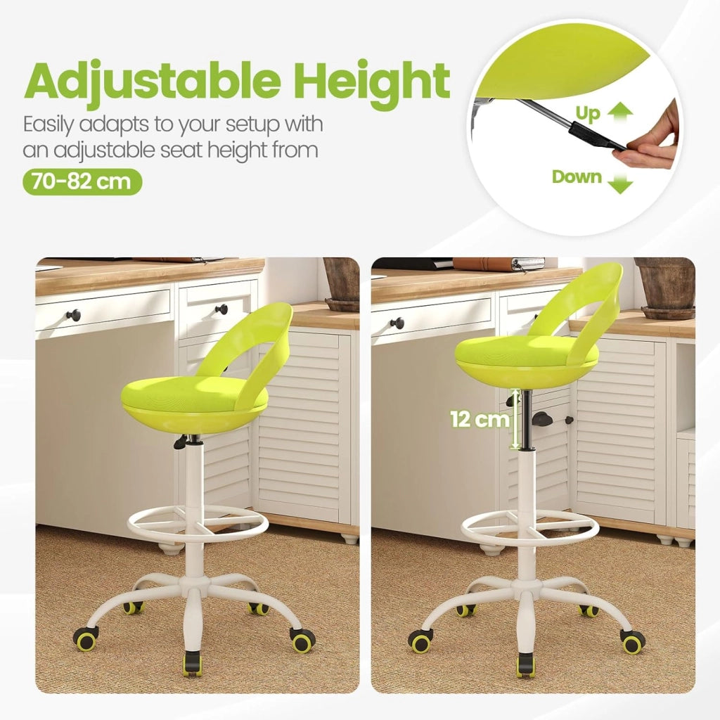 Sedia da ufficio con 5 ruote, altezza regolabile da 70 a 82 cm, sgabello da lavoro con schienale basso, poggiapiedi rotondo, senza braccioli, sgabello ergonomico per ufficio, studio, verde