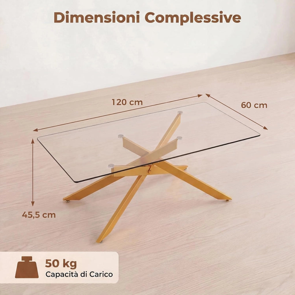 Tavolino da Salotto con Piano in Vetro Temperato, Gambe Incrociate e Piedini Regolabili, Tavolo Basso in Stile Industriale per Soggiorno, Camera da Letto, Ufficio, 120 X 60 X 45,5 CM (Dorato)