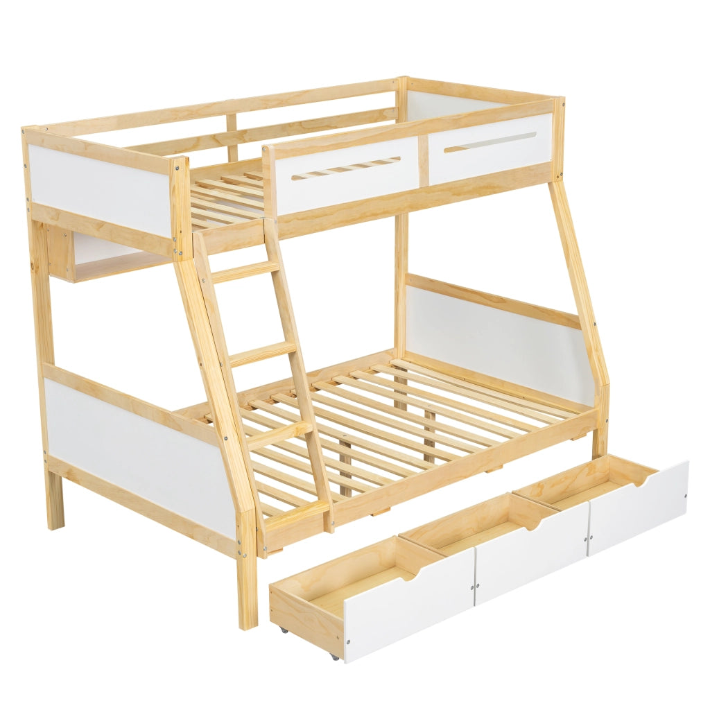 Letto a Castello 90x200 cm e 120x200 cm con 3 Cassetti e Libreria - Bianco Naturale