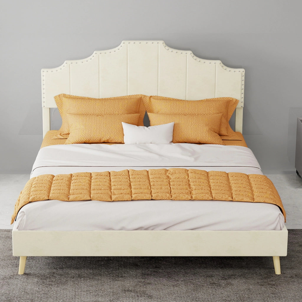 DESMIU Letto matrimoniale 140 × 200 cm 2 posti con testiera geometrica, senza materasso, in tessuto beige