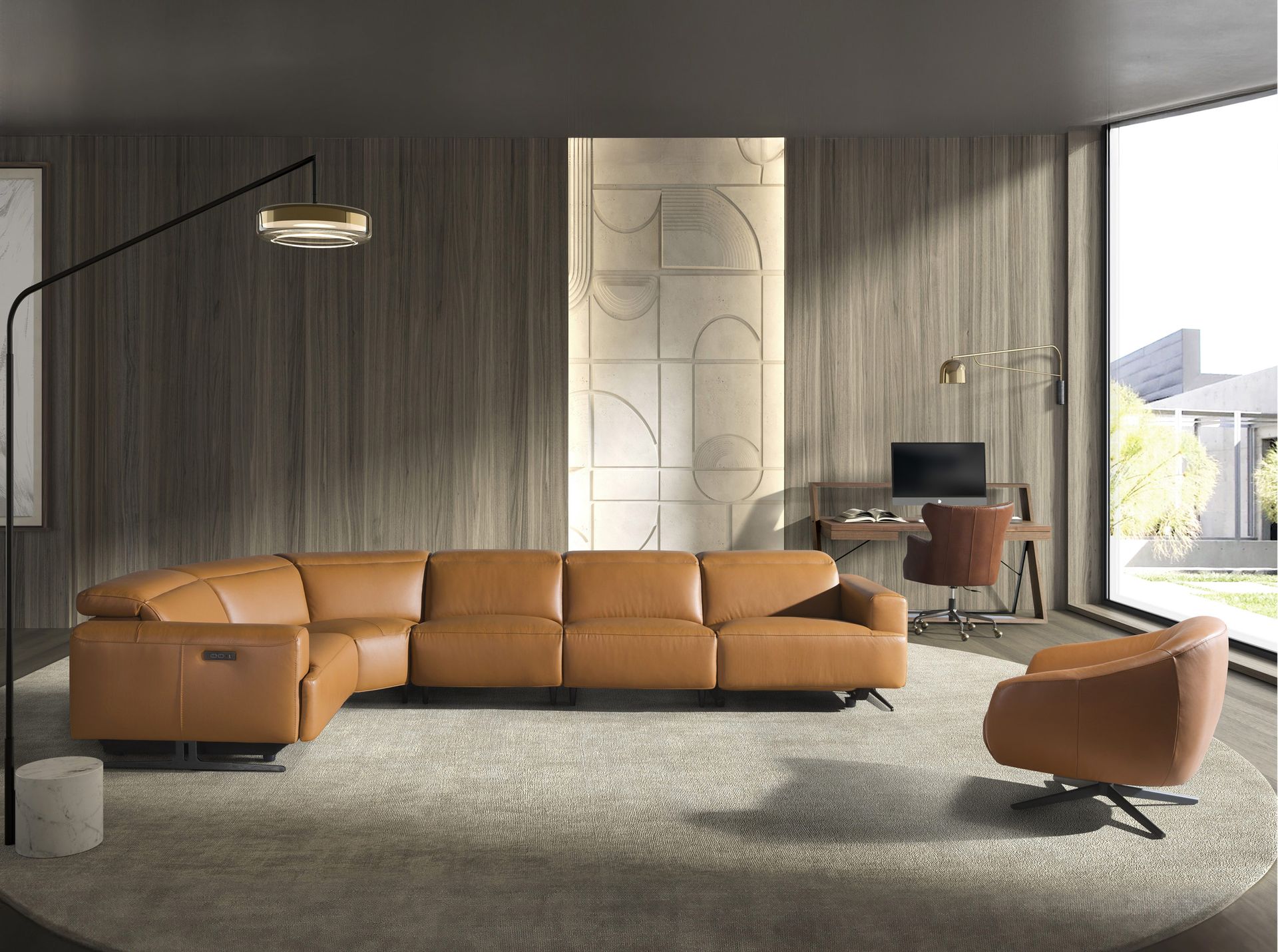 Divano angolare relax modulare in pelle marrone