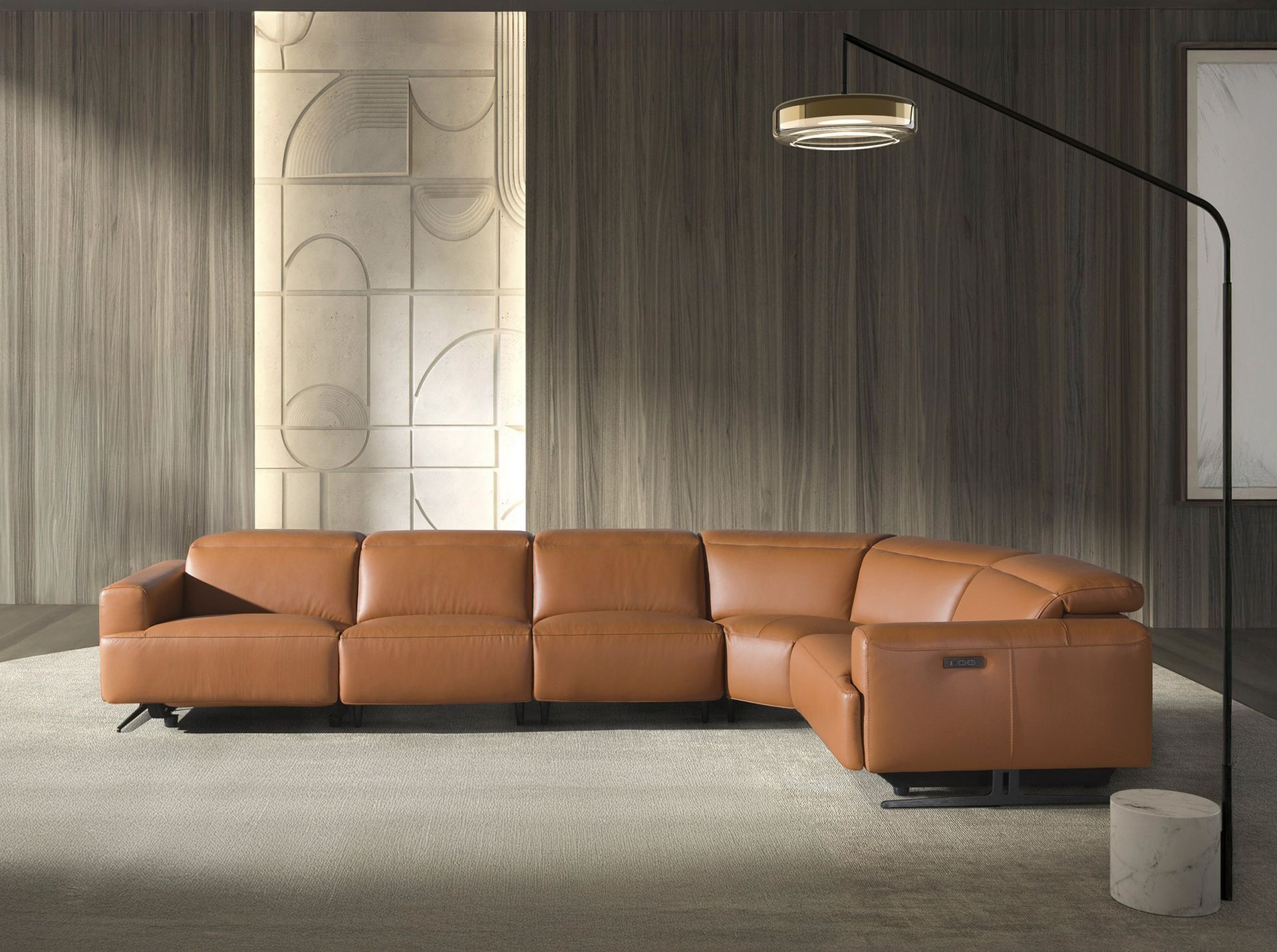 Divano angolare relax modulare in pelle marrone
