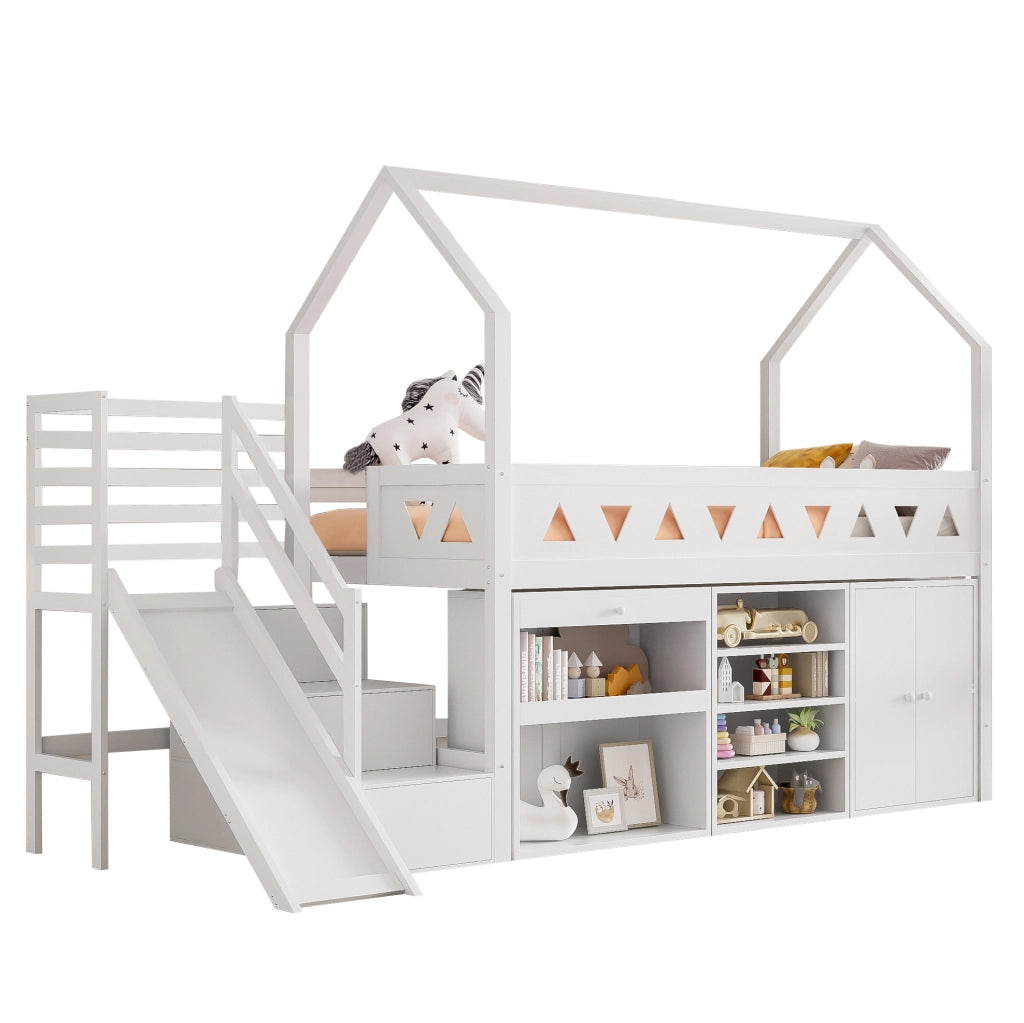 Letto per bambini 90x200 cm con scivolo, scale e cassetti