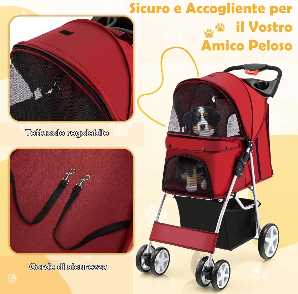 Passeggino per Cani, Carrozzina per Cani Pieghevole Fino a 15 kg, 4 Ruote con Finestra a Rete Porta Bicchiere e Cesto, Passeggino Portatile per Animali Piccola e Media (Rosso)