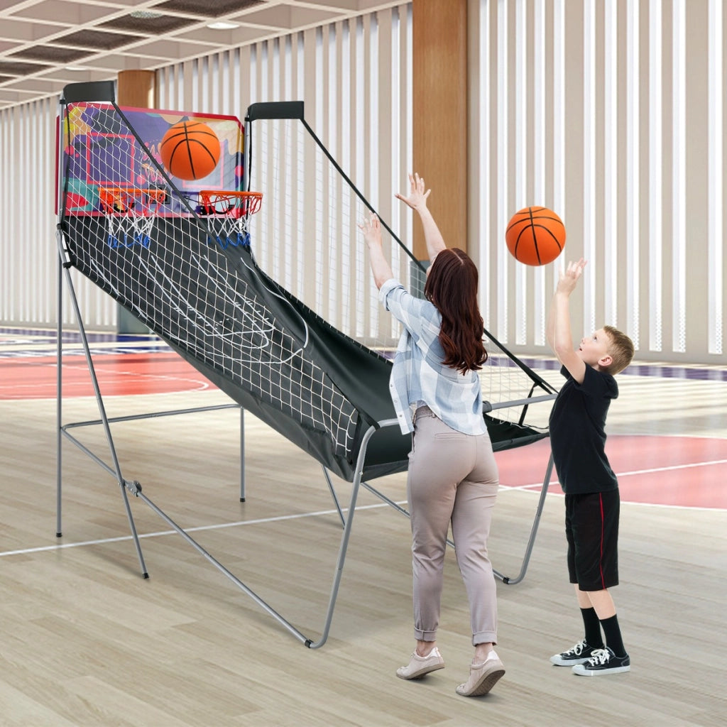 Gioco arcade di pallacanestro a doppio tiro pieghevole, Macchina da pallacanestro con punteggio elettronico Viola-Giocattoli sportivi