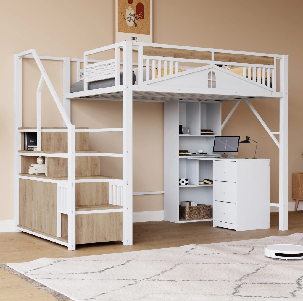 LETTO A CASTELLO 140x200 cm in metallo e legno bianco con scala contenitore