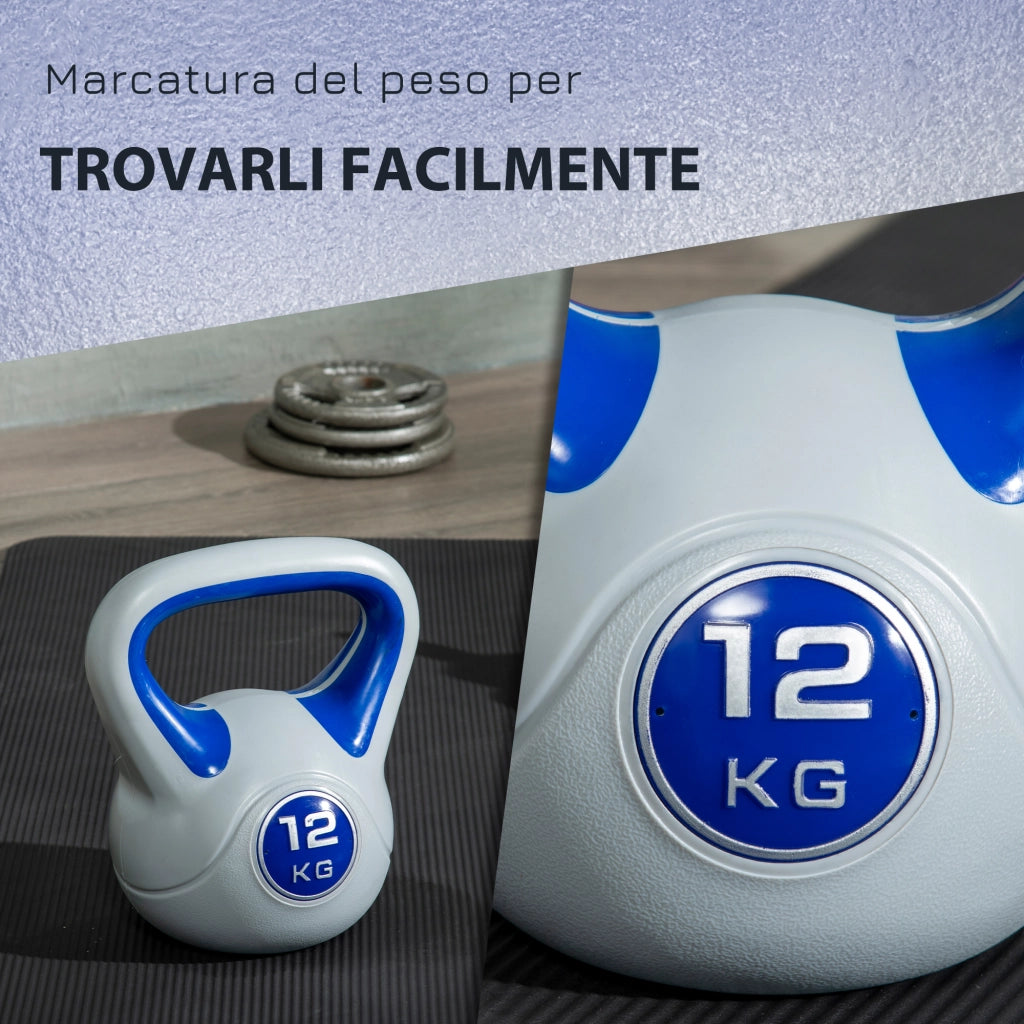 EasyComfort Kettlebell 12kg in PU e Sabbia con Base Piatta e Impugnatura per Stacchi, Squat e Sollevamenti, 24x17x28 cm, Blu