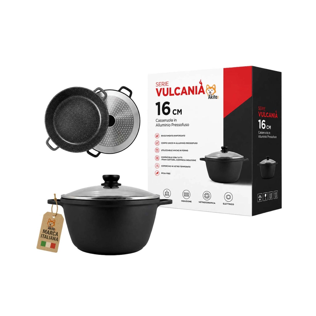 Akitaink Casseruola Alluminio Pressofuso Coperchio in Vetro 16 cm