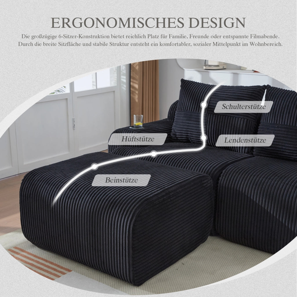 Divano modulare a 3 posti con portabicchieri e tasca laterale in tessuto effetto corduroy nero 268 × 174 × 66 cm