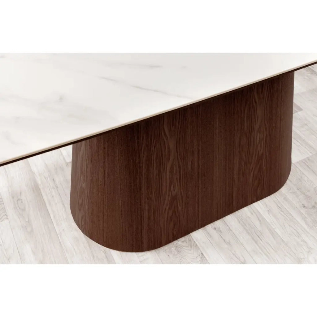 Tavolo rettangolare LUMEA – 200 cm – Piano in ceramica effetto marmo bianco e piede in legno scuro – Stile contemporaneo
