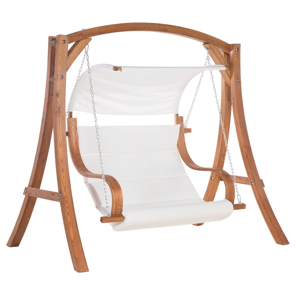 Dondolo da Giardino Struttura in Legno di Larice Tessuto Bianco da Esterno 2 Posti con Baldacchino
