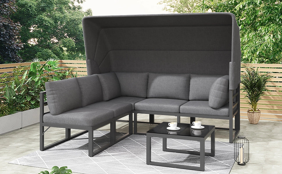 Set giardino 4 pezzi: sdraio + isola + salotto + sgabello + tavolo + tendalino; resistente; grigio; cuscini