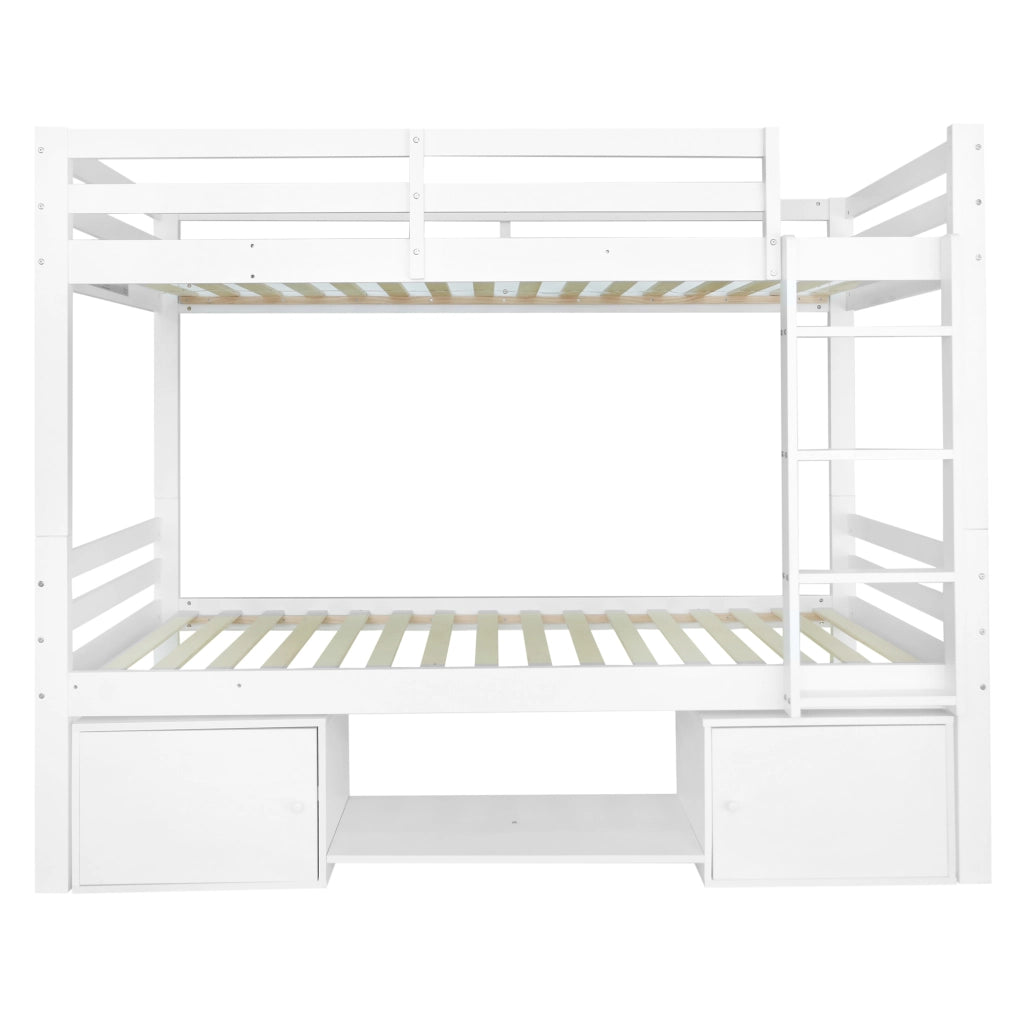 Letto a Castello 90x200 cm - con Scaffale; Armadio; in Legno Massello e MDF - Bianco