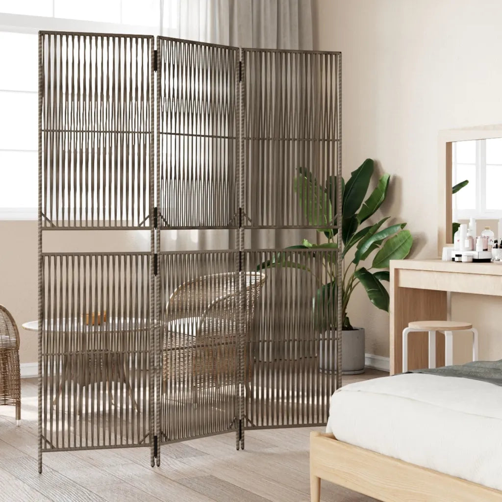 Divisorio per Ambienti | Divider per stanze | Paravento a 3 Pannelli Grigio in Polyrattan