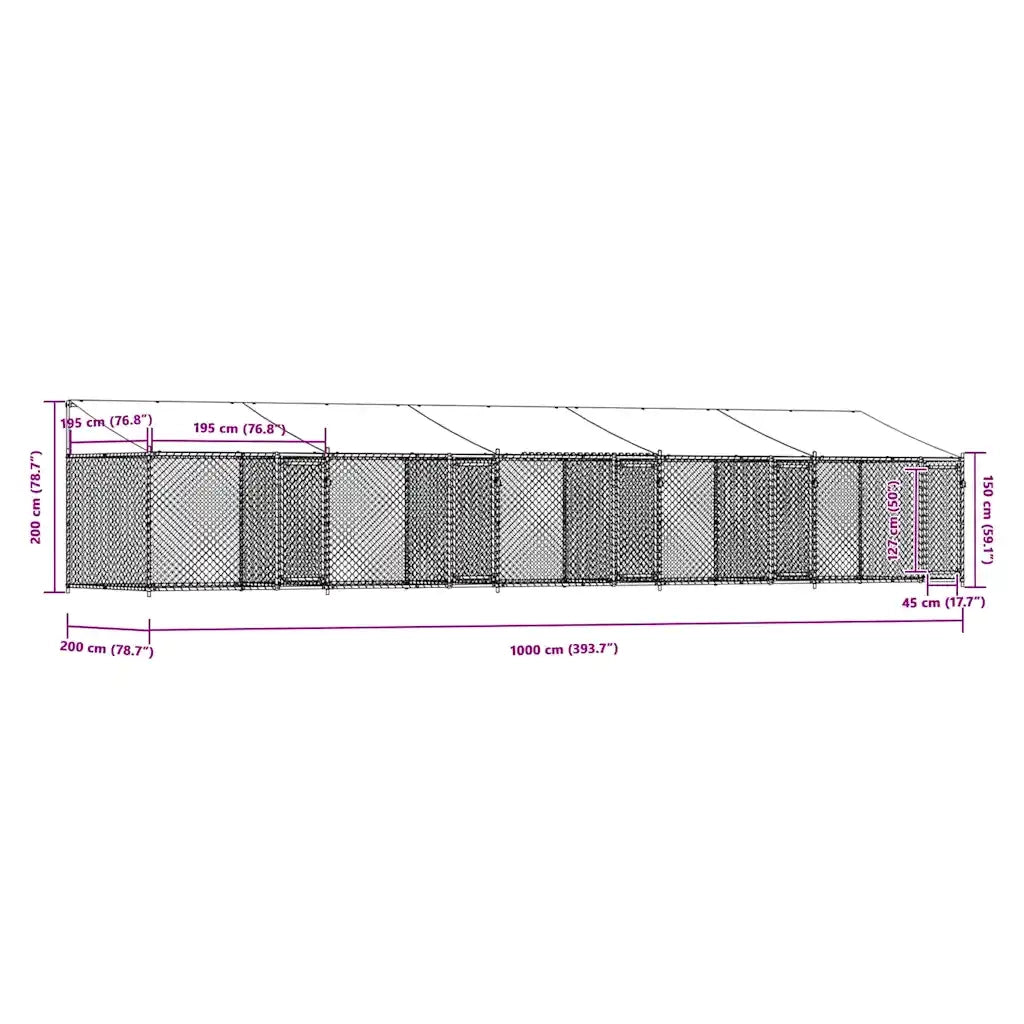 Gabbia Cani con Tetto e Porte Grigia 10x2x2 m Acciaio Zincato 3209566