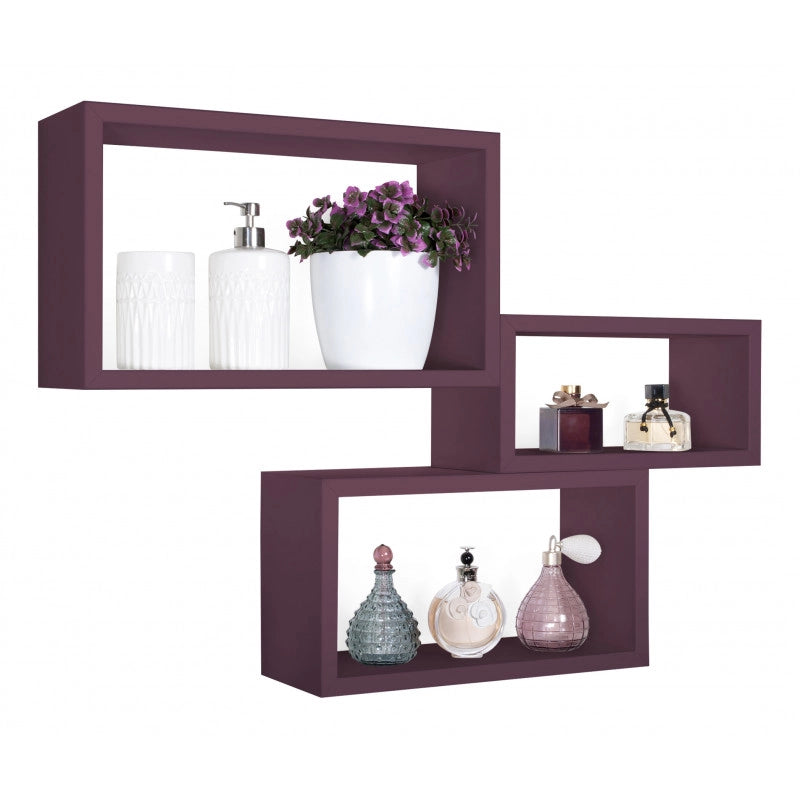 Set di 3 Mensole da Muro, Libreria Sospesa, Libreria Parete, Viola Melanzana, 45x27 p15,5 cm, 40x22 p15,5 cm e 35x17 p15,5 cm - Trittico