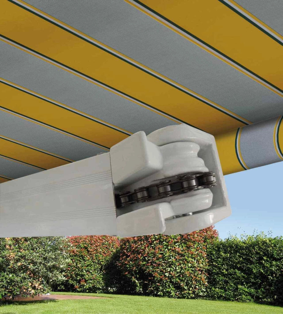 Tende da Sole a Bracci Barra Quadra con Catena Balcone Avvolgibile Alluminio Dimensioni: 4 x 3 m, Colore: Rigato Giallo