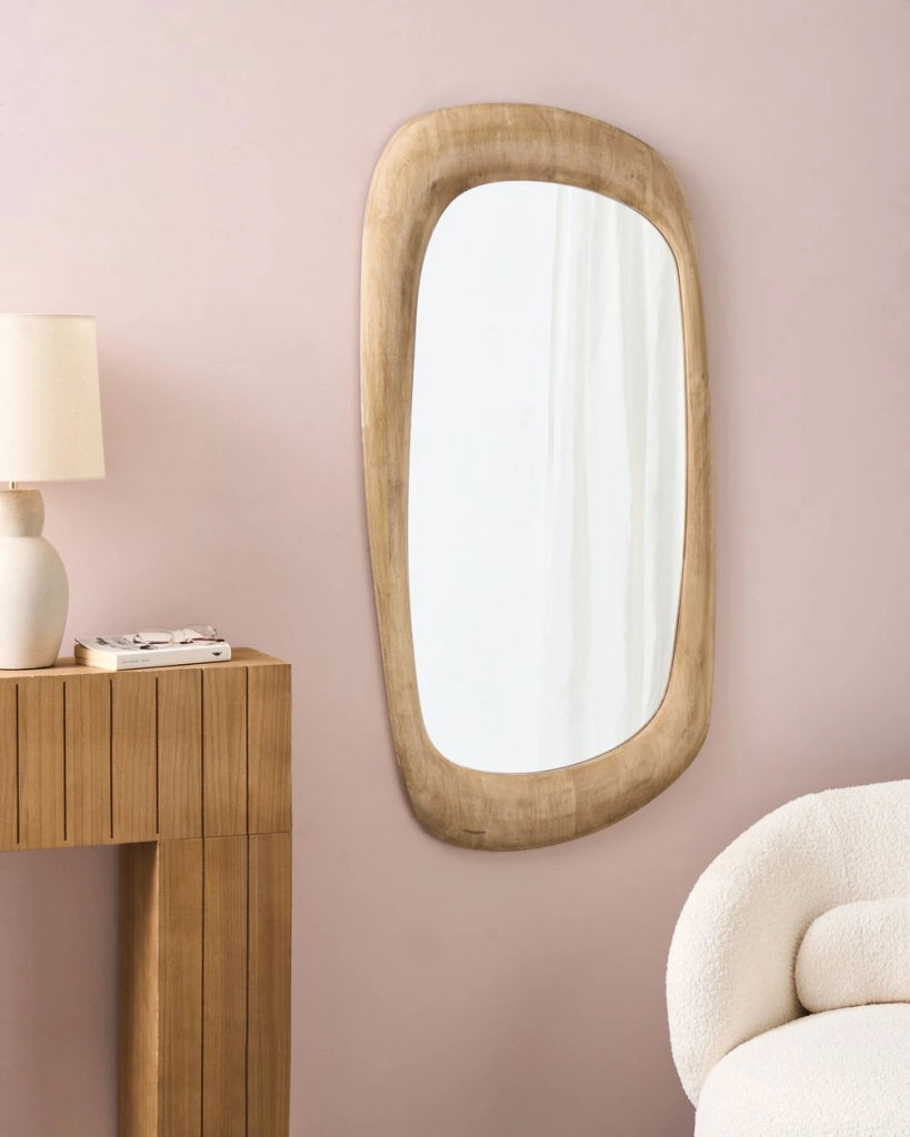Specchio da parete in legno di gomma marrone 120 x 57 cm Appeso decorativo in stile retrò Asimmetrico