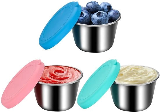 Set di contenitori alimentari con coperchi, 3 x 70 ml contenitori di condimento in acciaio inossidabile, contenitori di erbe, scatola per snack, contenitori alimentari riutilizzabili e impermeabili per dips e erbe (stile A)