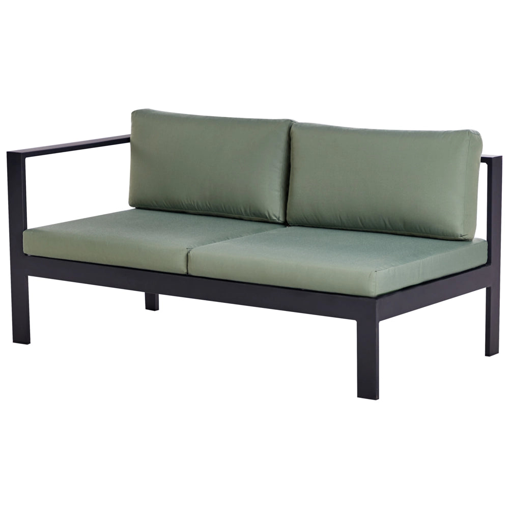 Set da giardino divano 5 posti e tavolo elevabile con struttura bianca e piano in vetro e cuscini nero e verde stile moderno scandinavo