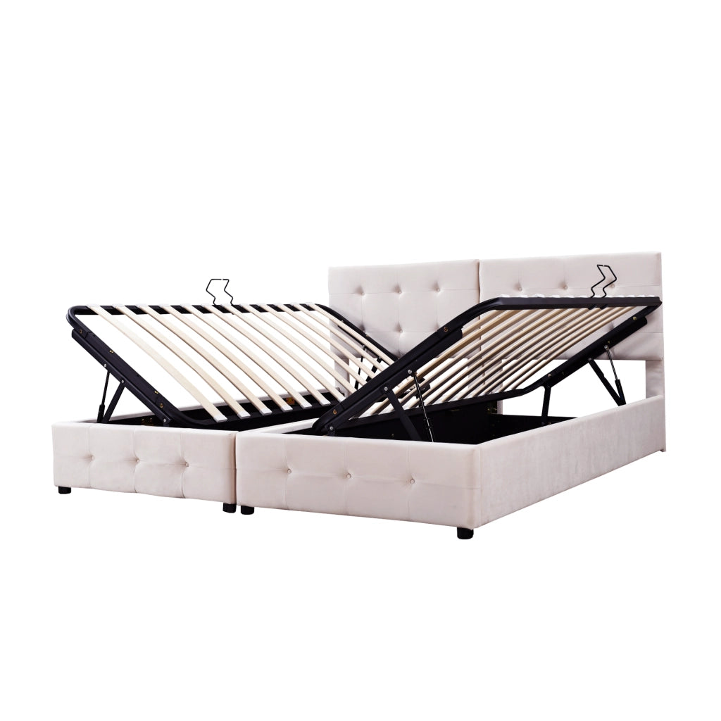 DESMIU Letto Contenitore 2 Posti con Contenitore e Testiera Regolabile 180 × 200 cm, Senza Materasso, Beige