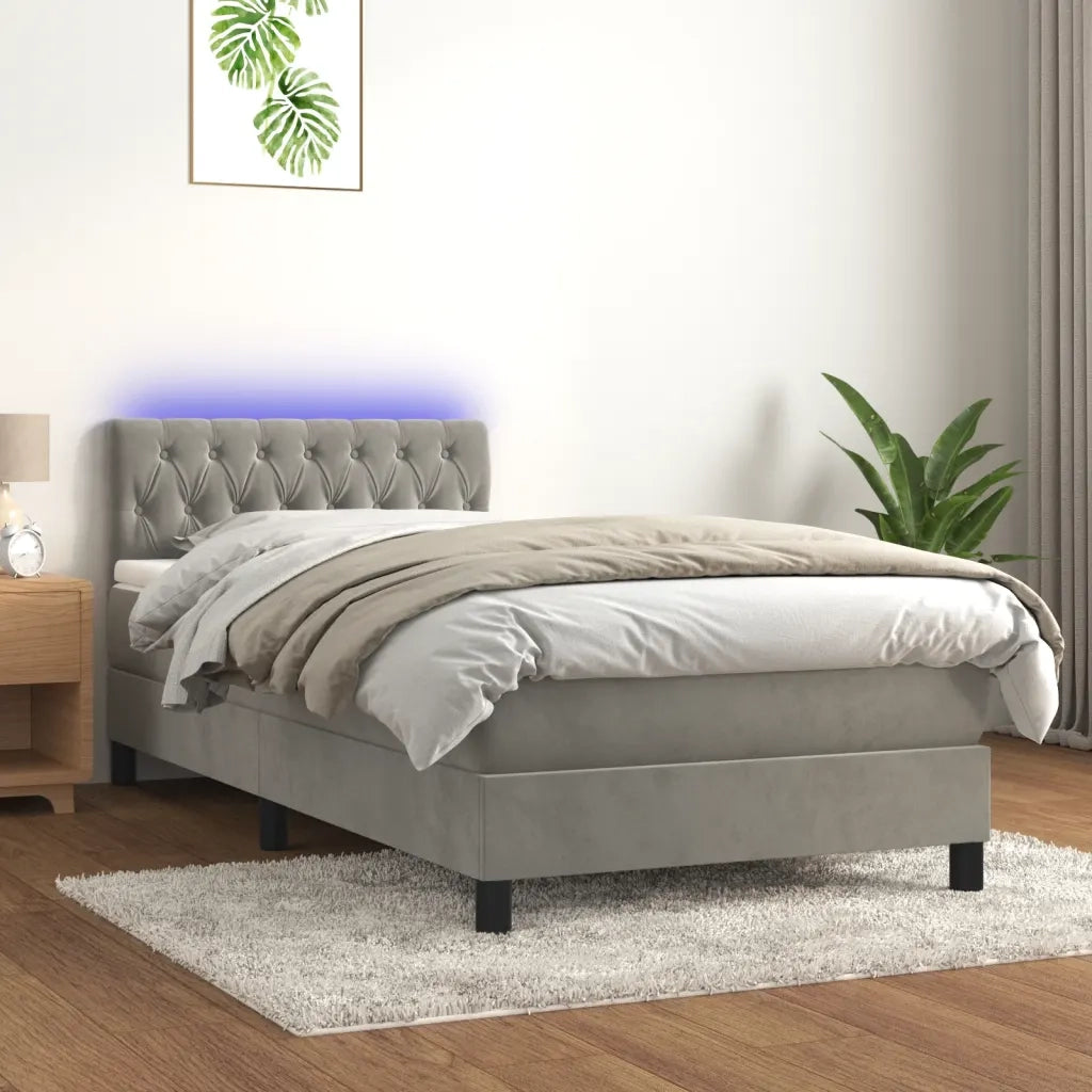Letto a Molle con Materasso e LED Grigio Chiaro 90x200 cm Velluto