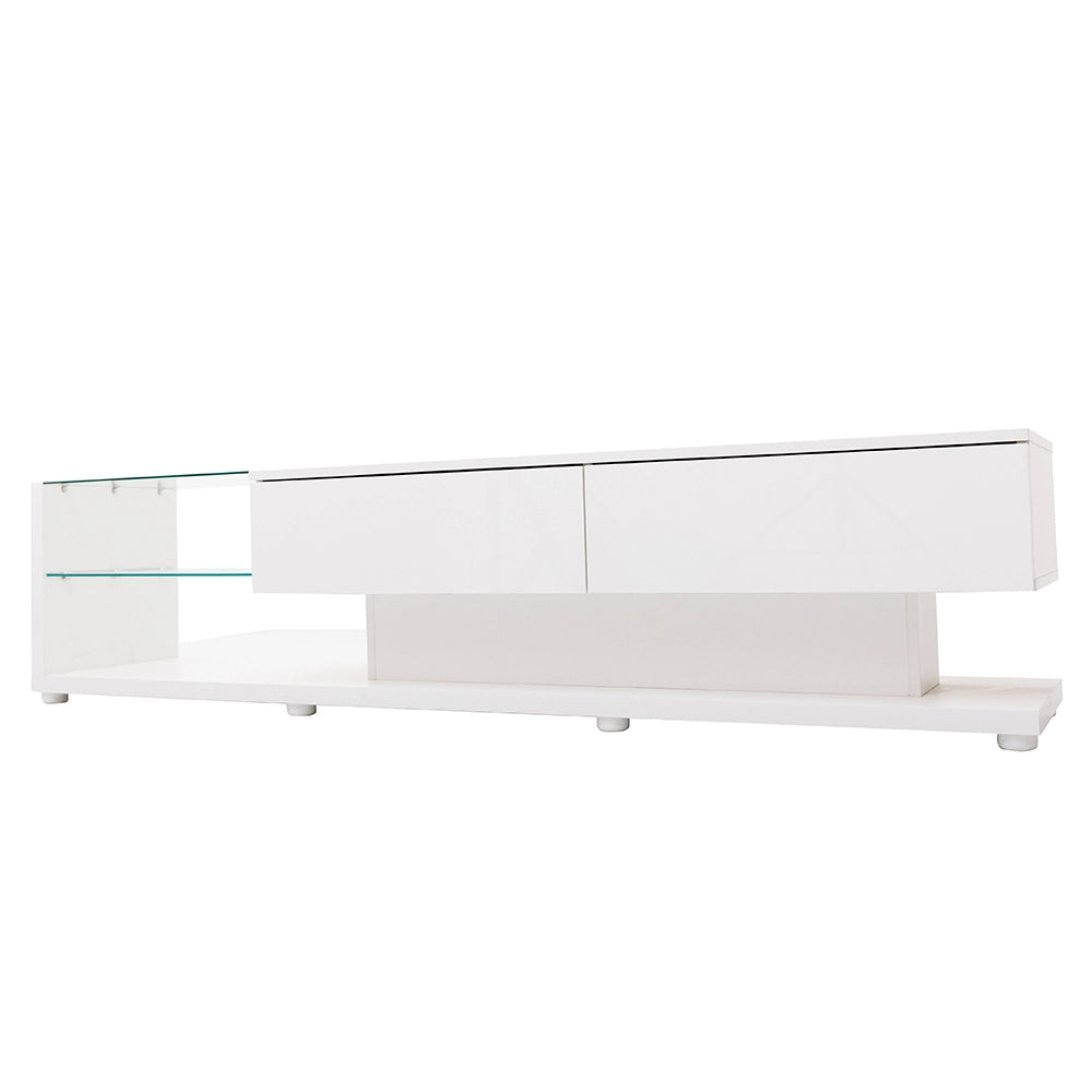 Mobile TV 170x36x38 cm; 2 cassetti e 2 ripiani in vetro; illuminazione LED; truciolare bianco