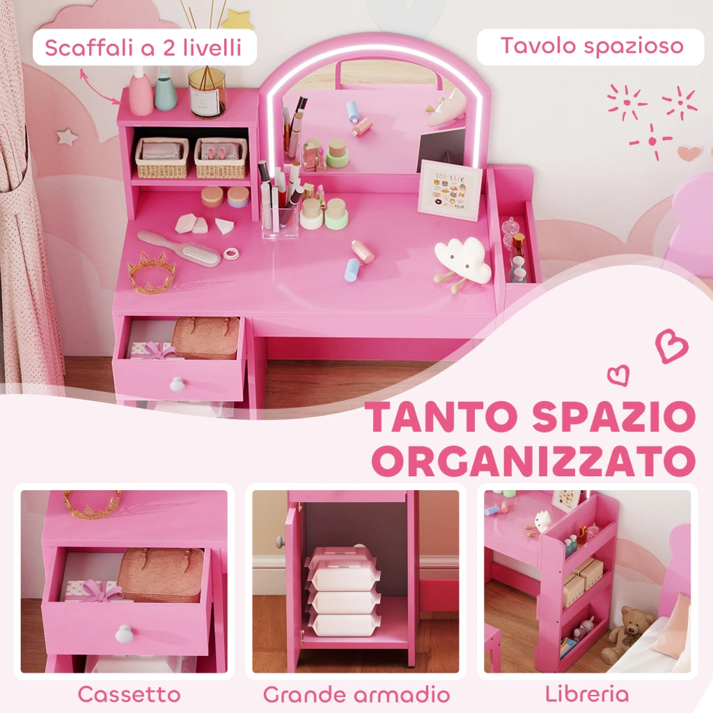 Set trucco e toeletta bambini con specchio, sedia, luce LED, scaffali e libreria ¨C zephmum ¨C rosa