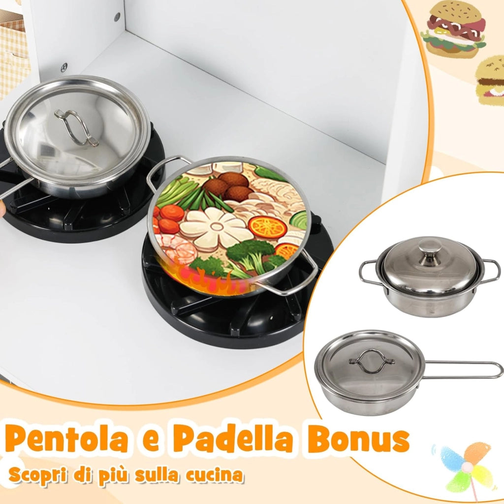 Cucina Giocattolo per Bambini, Cucinetta in Legno con Fornelli con Suoni e Luci, Macchina da Caffè, Microonde, Rubinetto, Lavello e Accessori, per Bambini 3+ Anni (Bianco)
