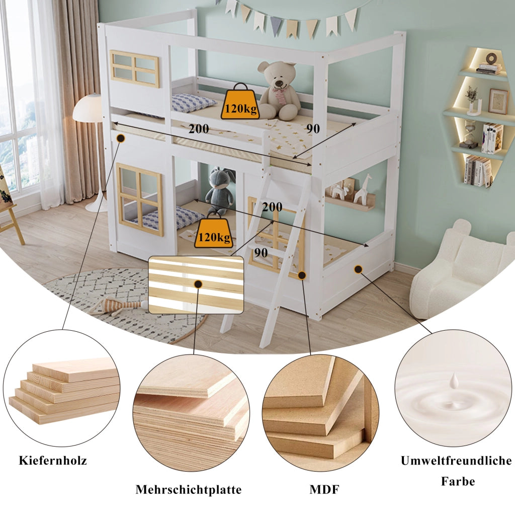 Letto a castello per bambini in pino, MDF e compensato, bianco e naturale, 90x200 cm con finestre decorative e scala robusta