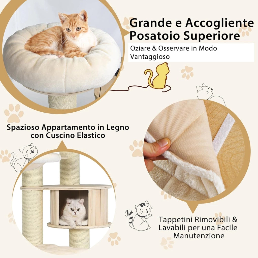 Albero per Gatti 197 CM, Tiragraffi per Gatti a Più Livelli con Nicchia in Legno, Trespolo Superiore, Amache, Cestello Sospeso, Tiragraffi con Pali in Sisal e Palline