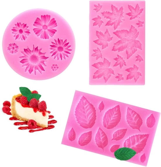Forme in silicone per torte pane cioccolato - 2 forme a foglia e 1 forma a fiore.