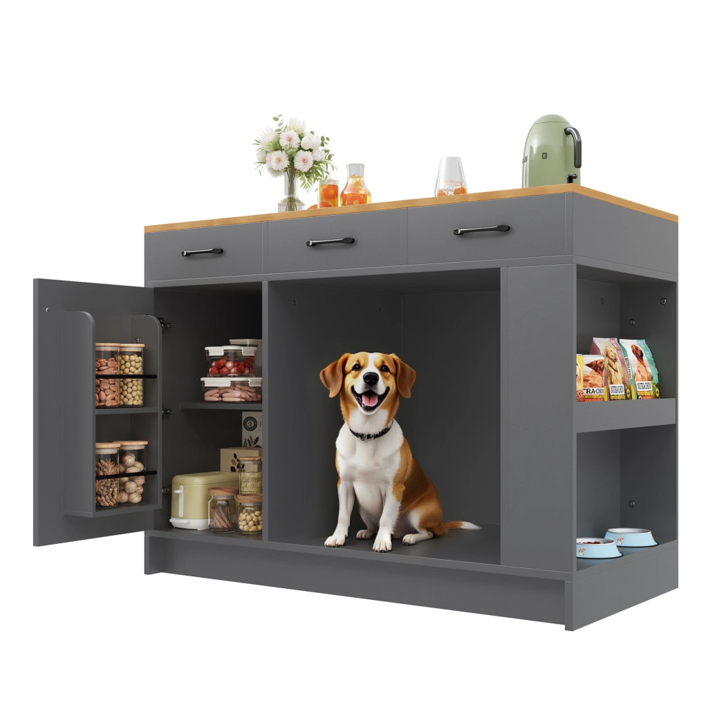 Carrello da cucina grigio con area per animali e 3 cassetti