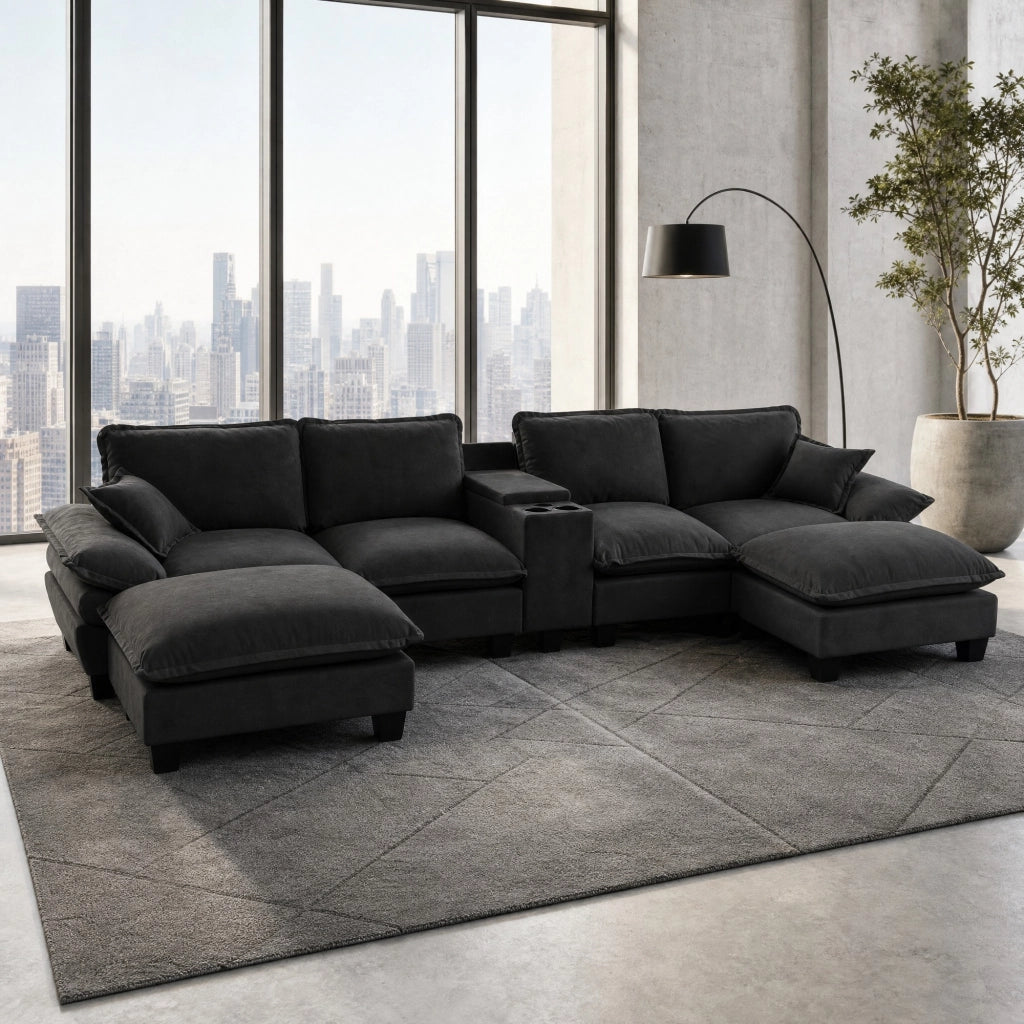 Divano modulare a U con portabicchieri, vano contenitore, porte USB e 2 pouf in ciniglia nera 362 × 151 × 90 cm