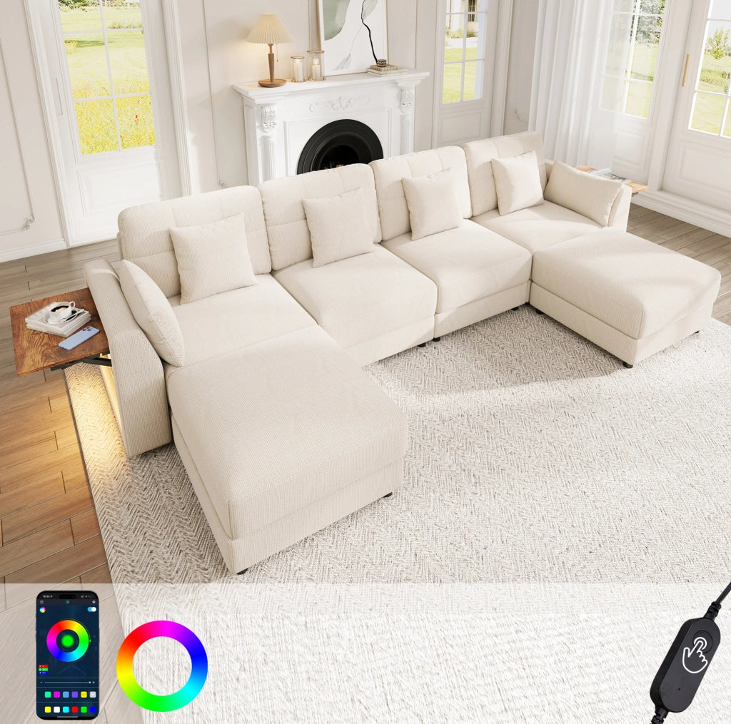 Sofa modulare U/L in chenille beige con LED; 2 pouf mobili e tavolino ribaltabile