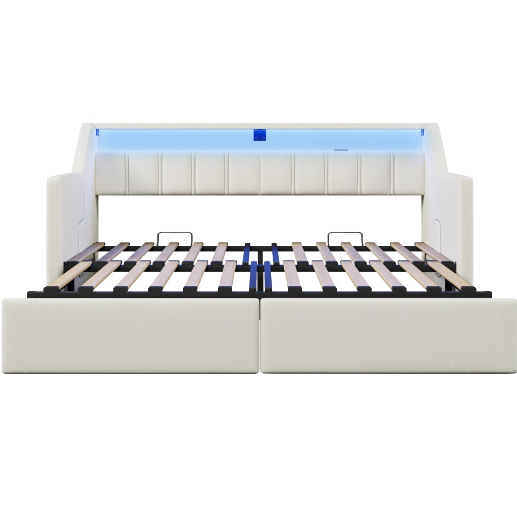 Letto 90x200 cm con USB; LED e cassetti in lino beige