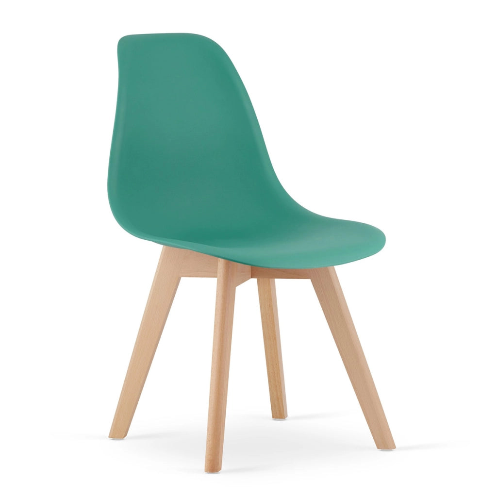 Sedia di design Kito verde con gambe in legno di faggio