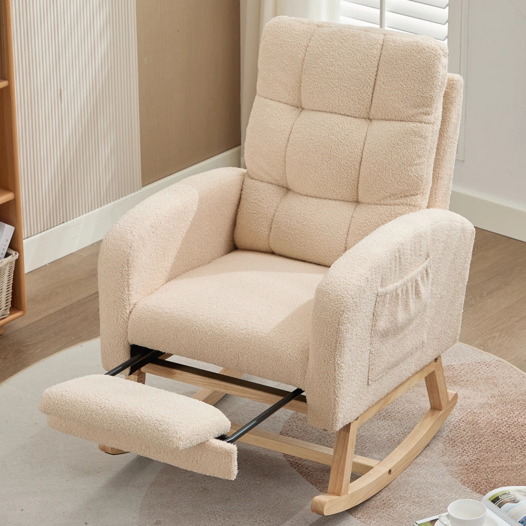 Poltrona a dondolo ergonomica con tasca laterale e schienale alto in tessuto bouclé beige per relax 132 × 50 × 99 cm