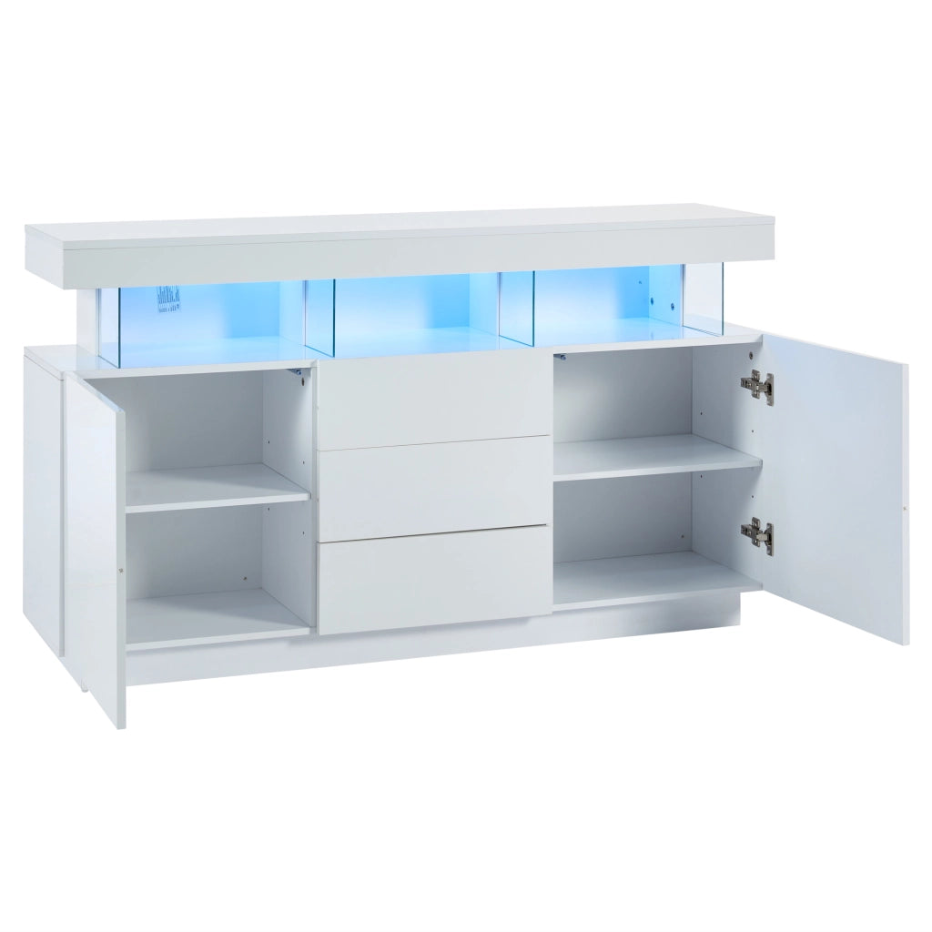 Sideboard moderno 140 x 35 x 80 cm bianco lucido con LED, 3 cassetti e 2 ante